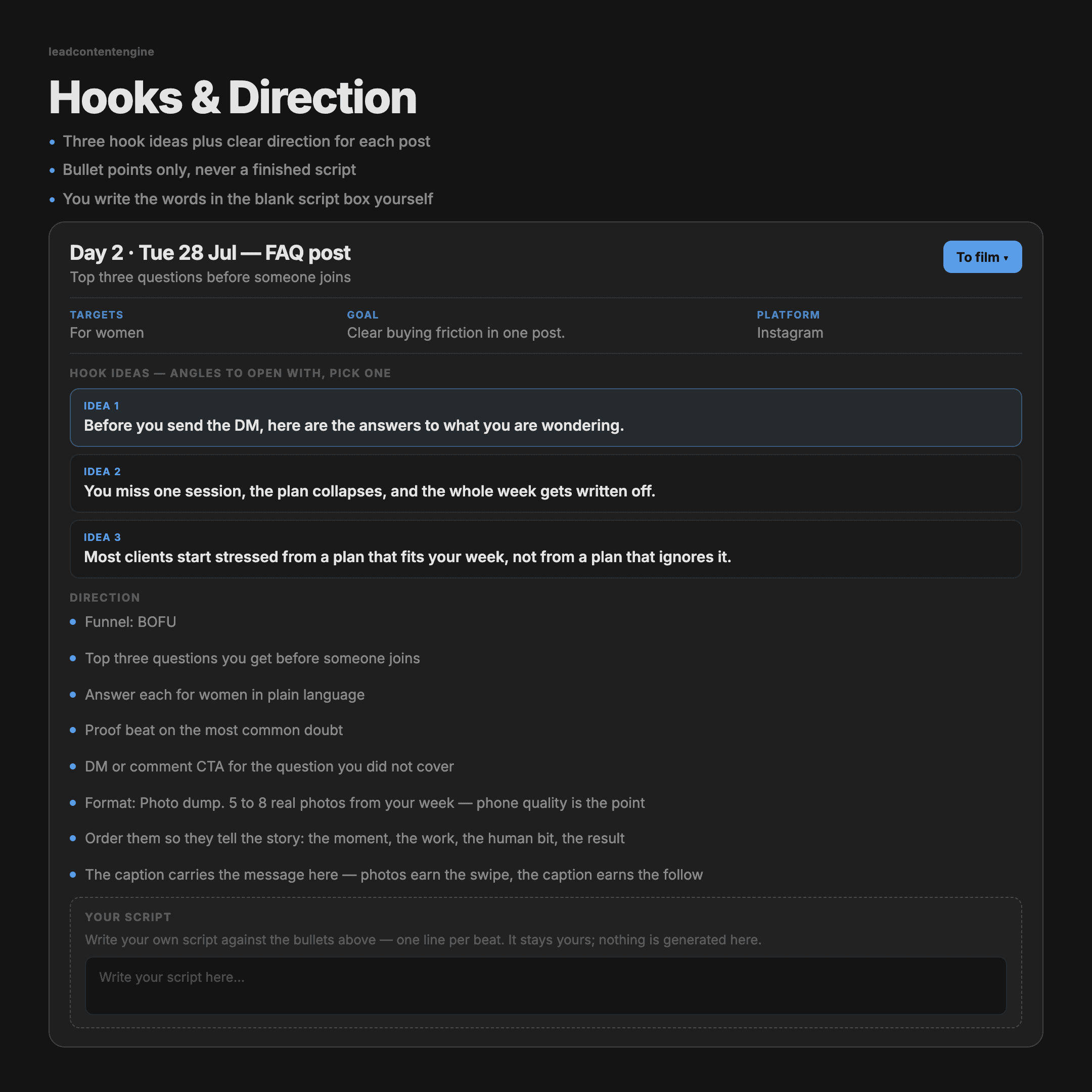 Hook ideas and direction: Lead Content Engine
